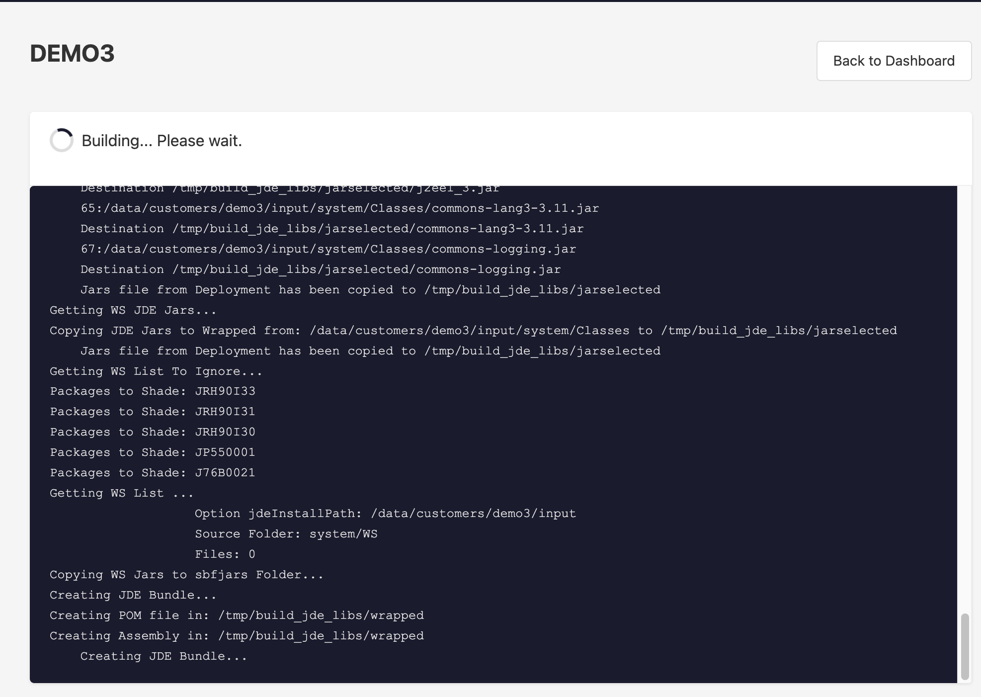 Build progress screen with live log
