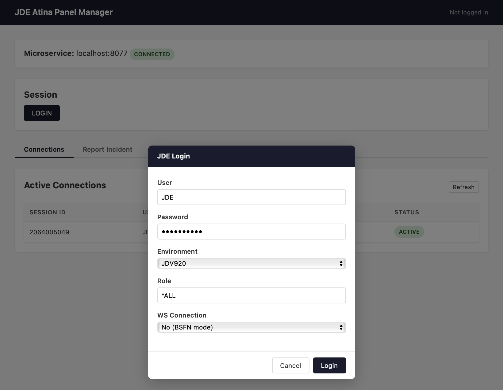 Login form with credentials entered