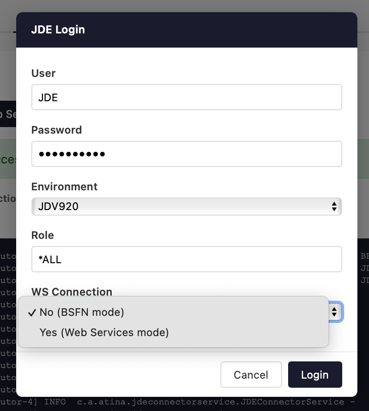 Login form with WS connection mode selected